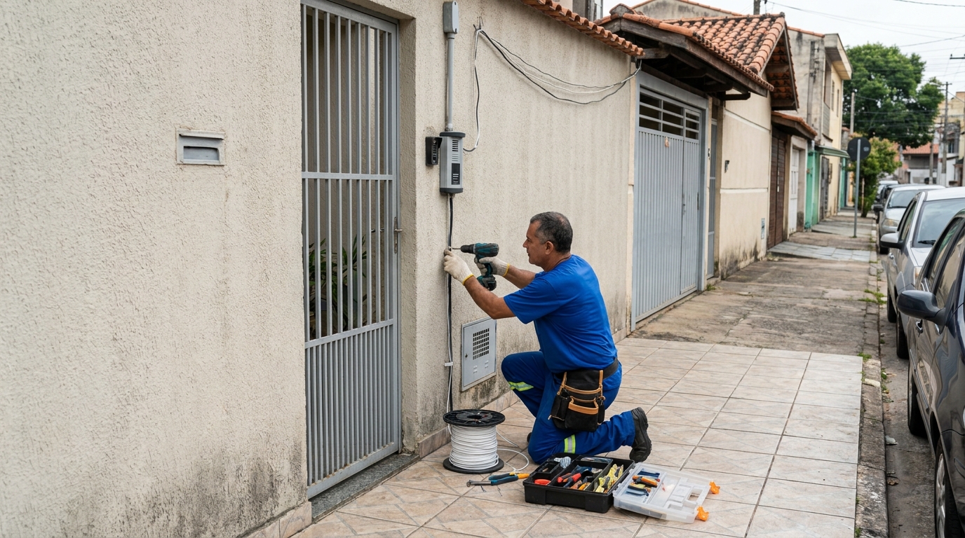 Eletricista instalando interfone em Belém‑PA
